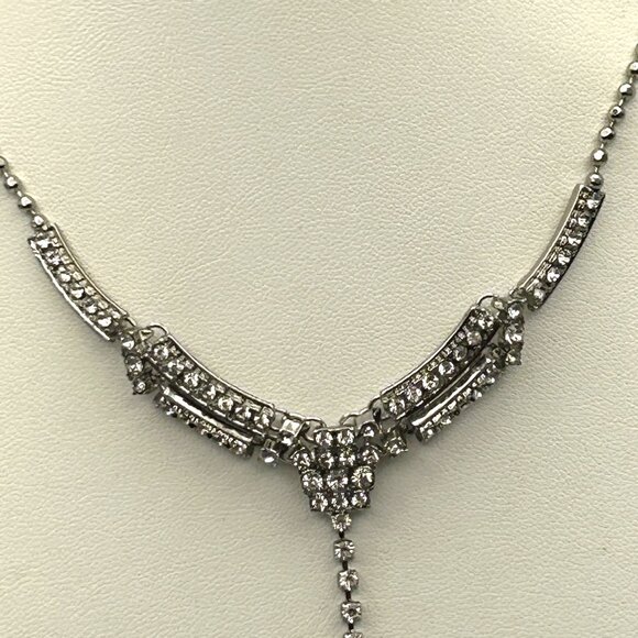 KL Silver Tone Rhinestone Y Drop Adjustable Necklace Evening Bridal - Picture 11 of 12